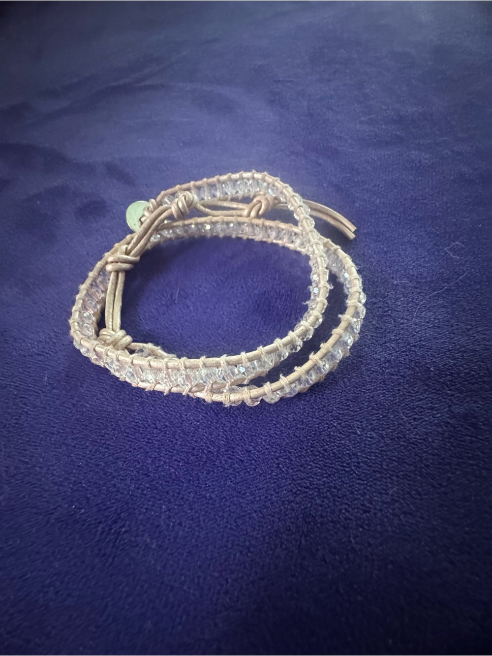 Victoria Emerson Beige Leather Wrap Bracelet with Clear Beads